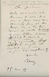 Lettre de Renoir à Berthe Morisot (1841-95) concernant sa première exposition, 25 mai 1892